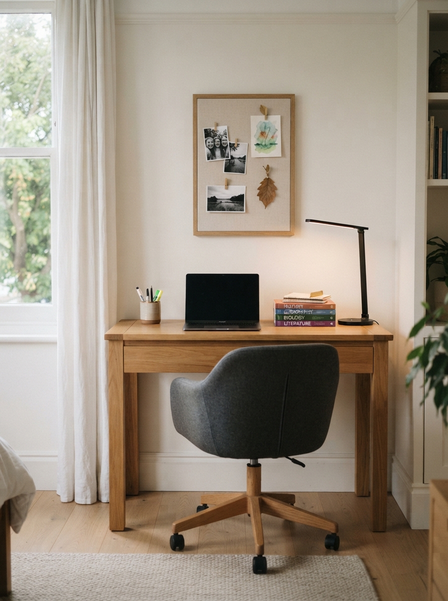 Study corner with a full-depth desk and adjustable chair