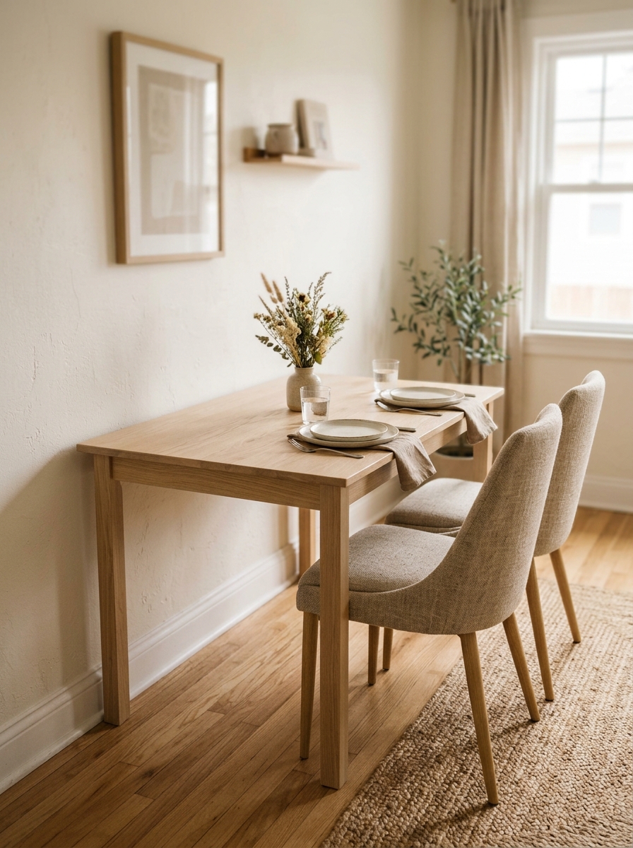 Small dining table against a wall with seating tucked underneath