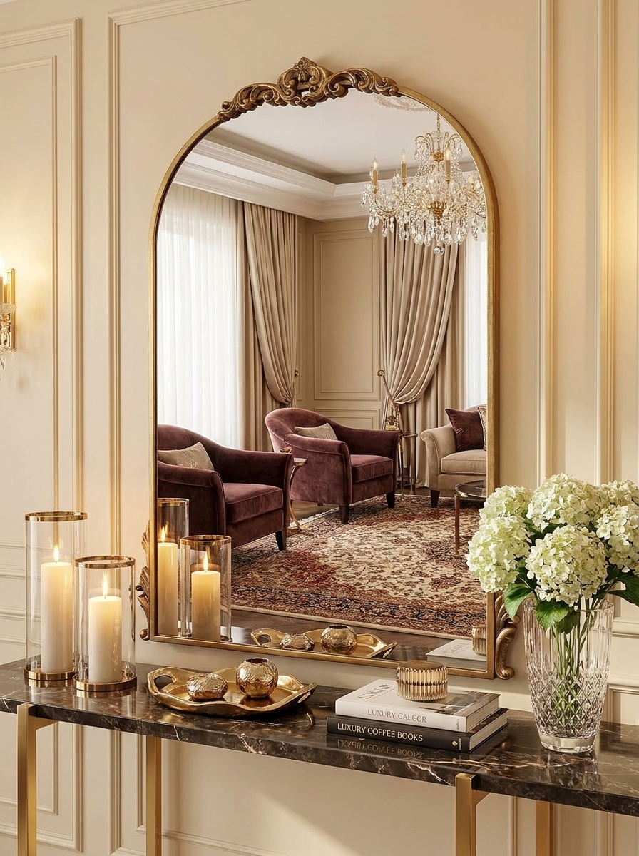 Gold arched mirror above a console styled with pillar candles and white hydrangeas