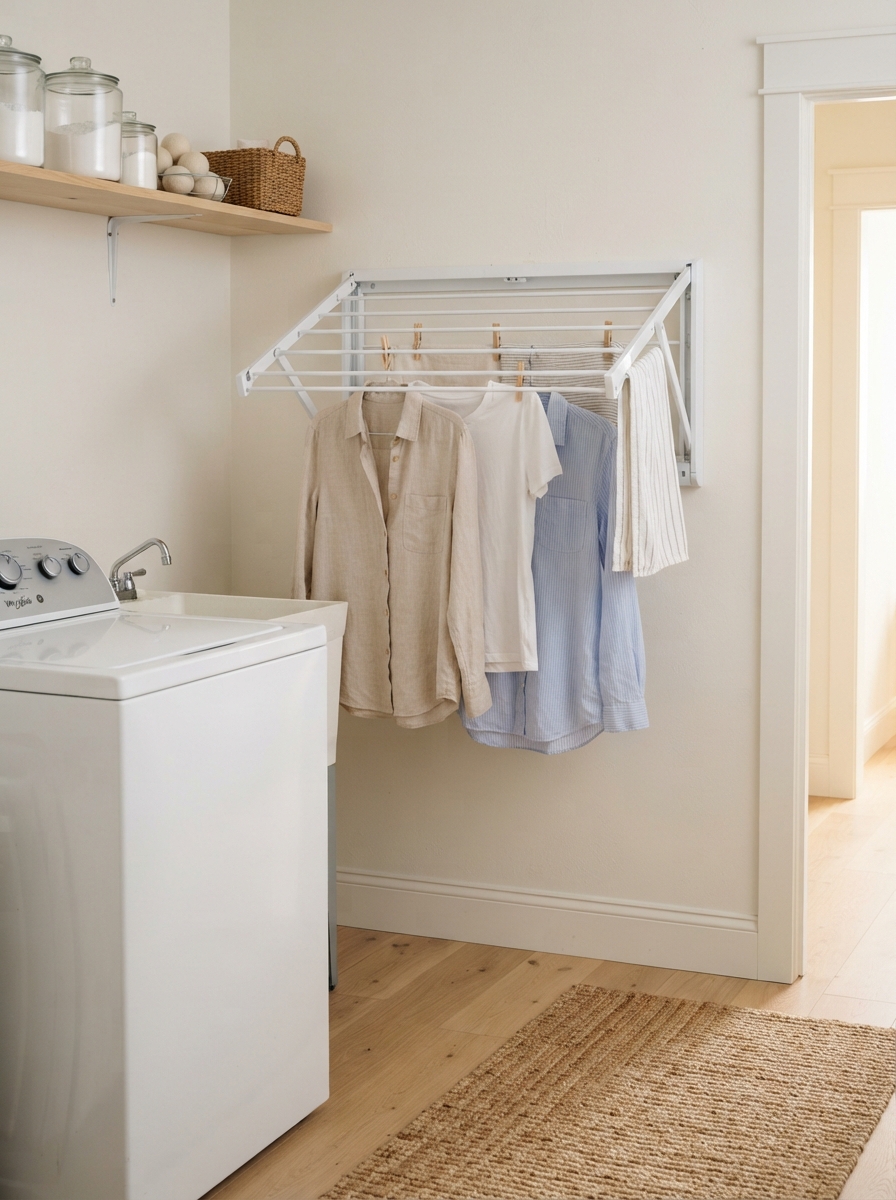 Wall-mounted folding drying rack in a small laundry room