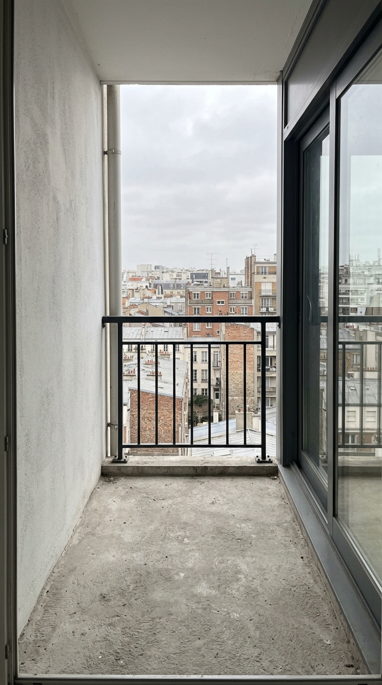 Empty apartment balcony before decorating, showing the railing and floor space