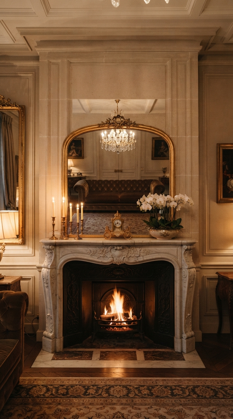 Gold mirror on a marble mantel reflecting a well-styled salon