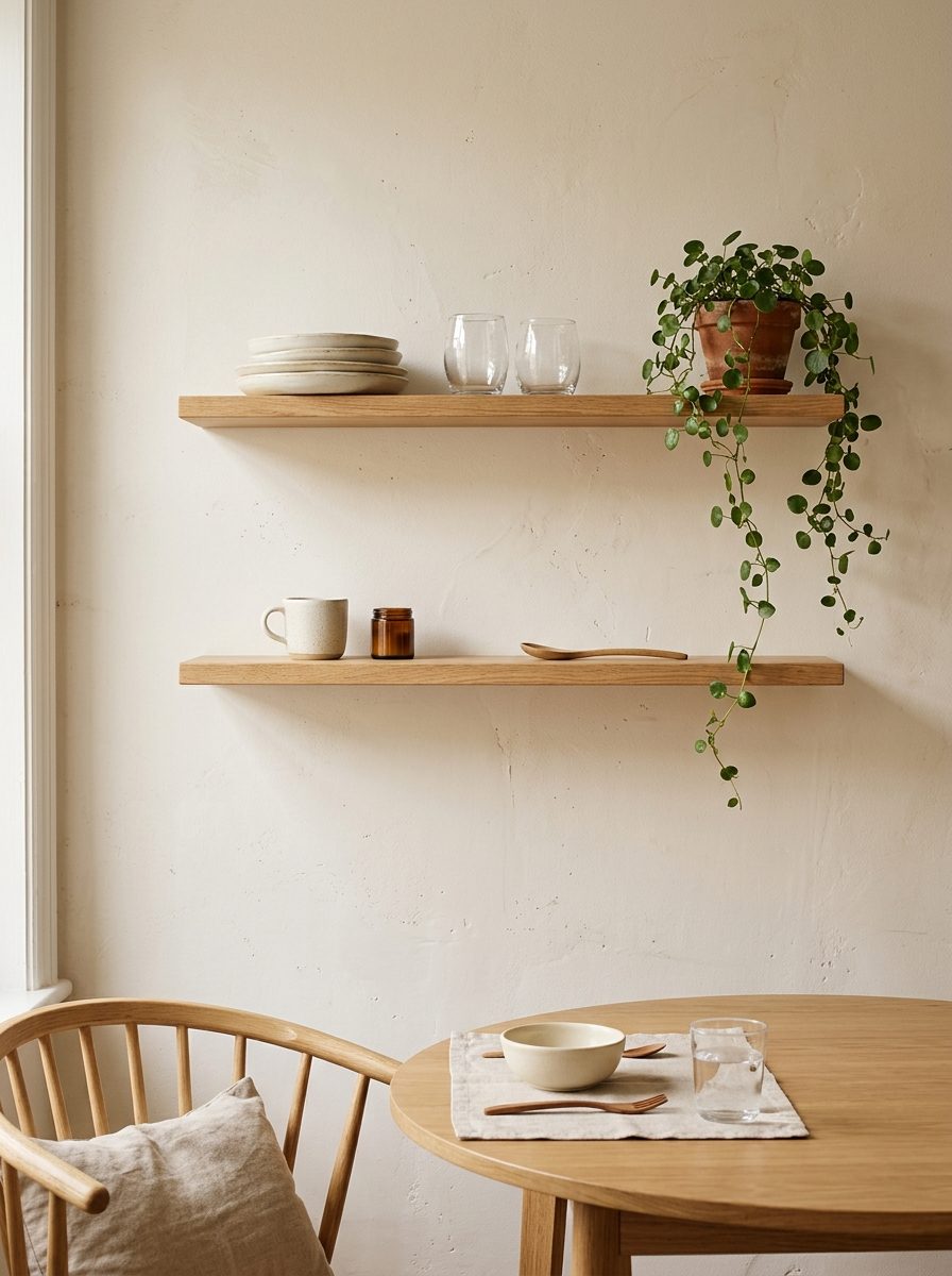 Narrow floating shelves mounted above a small dining table