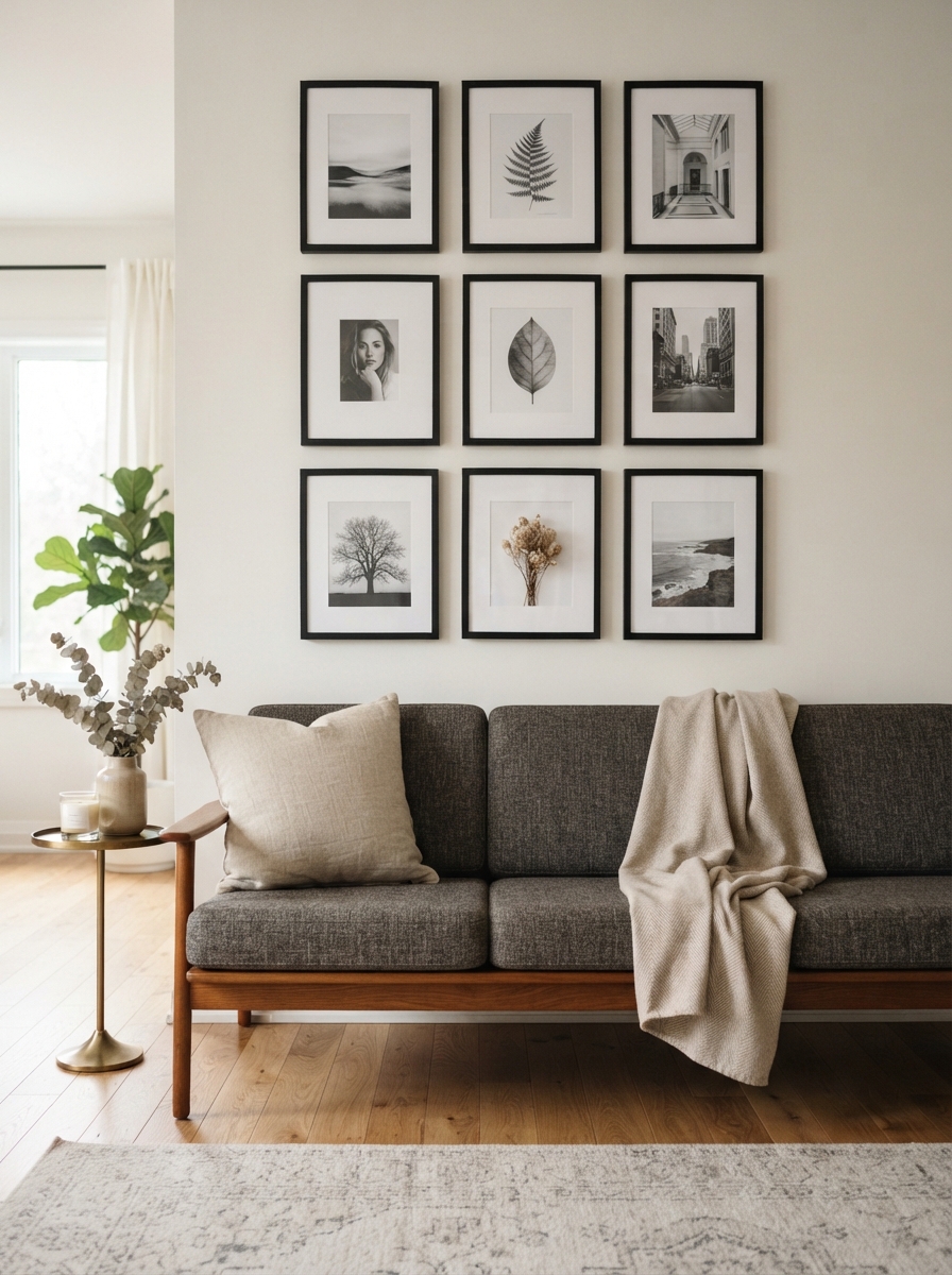 Nine black frames in an even three by three grid above a sofa