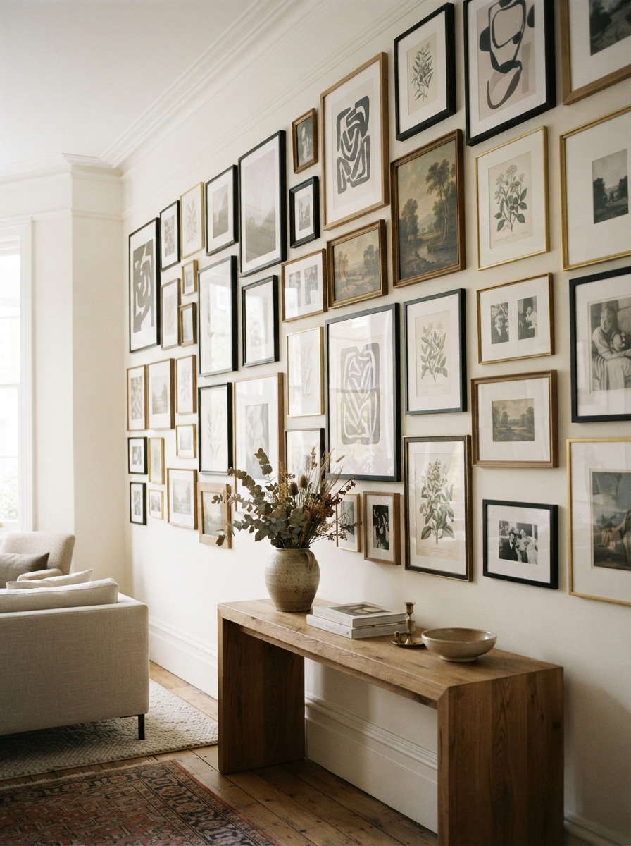 Salon-style gallery wall filling a large living room wall