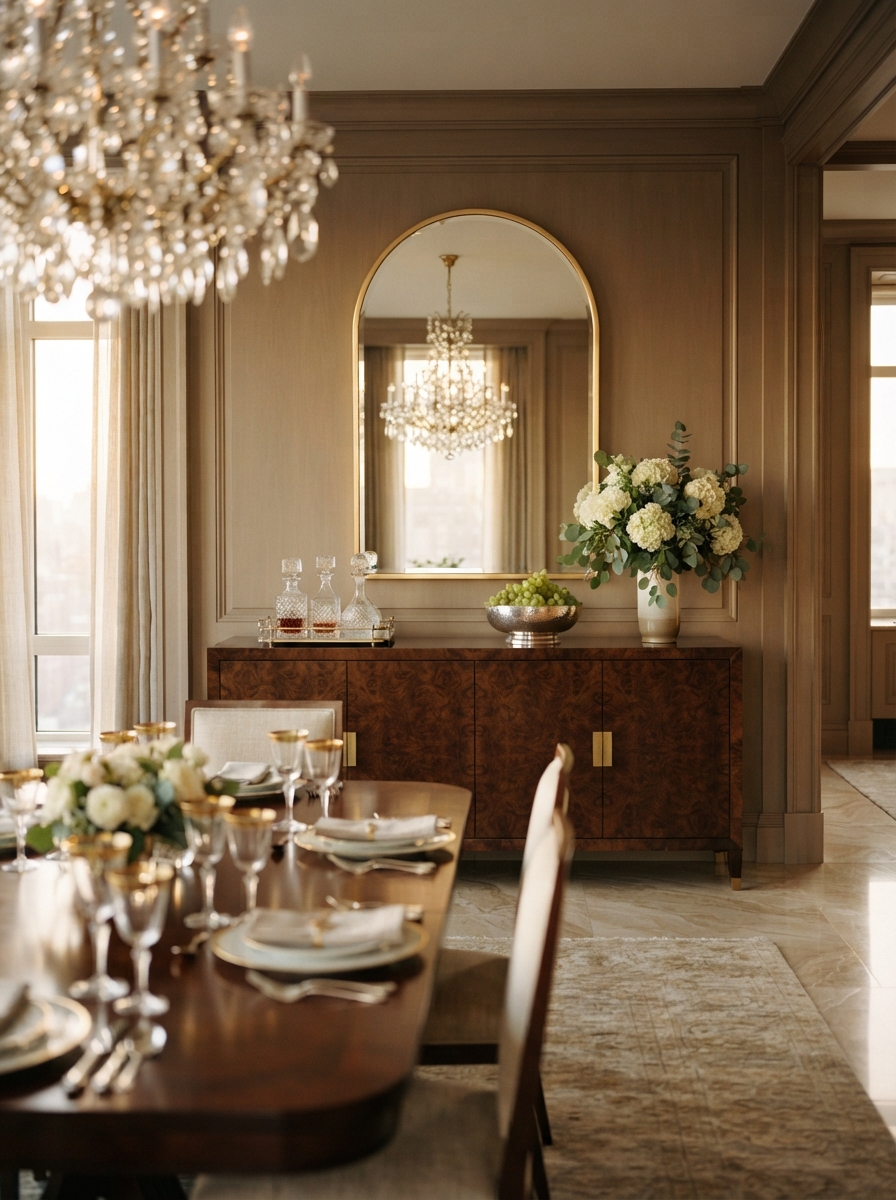 Gold arched mirror correctly proportioned above a dining sideboard