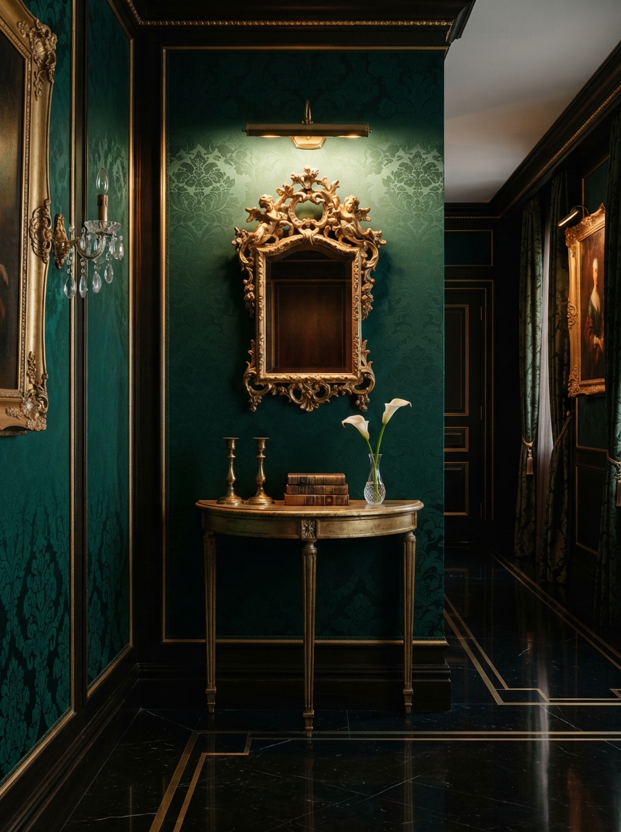 Gold arched mirror on a dark painted wall above a console with white flowers