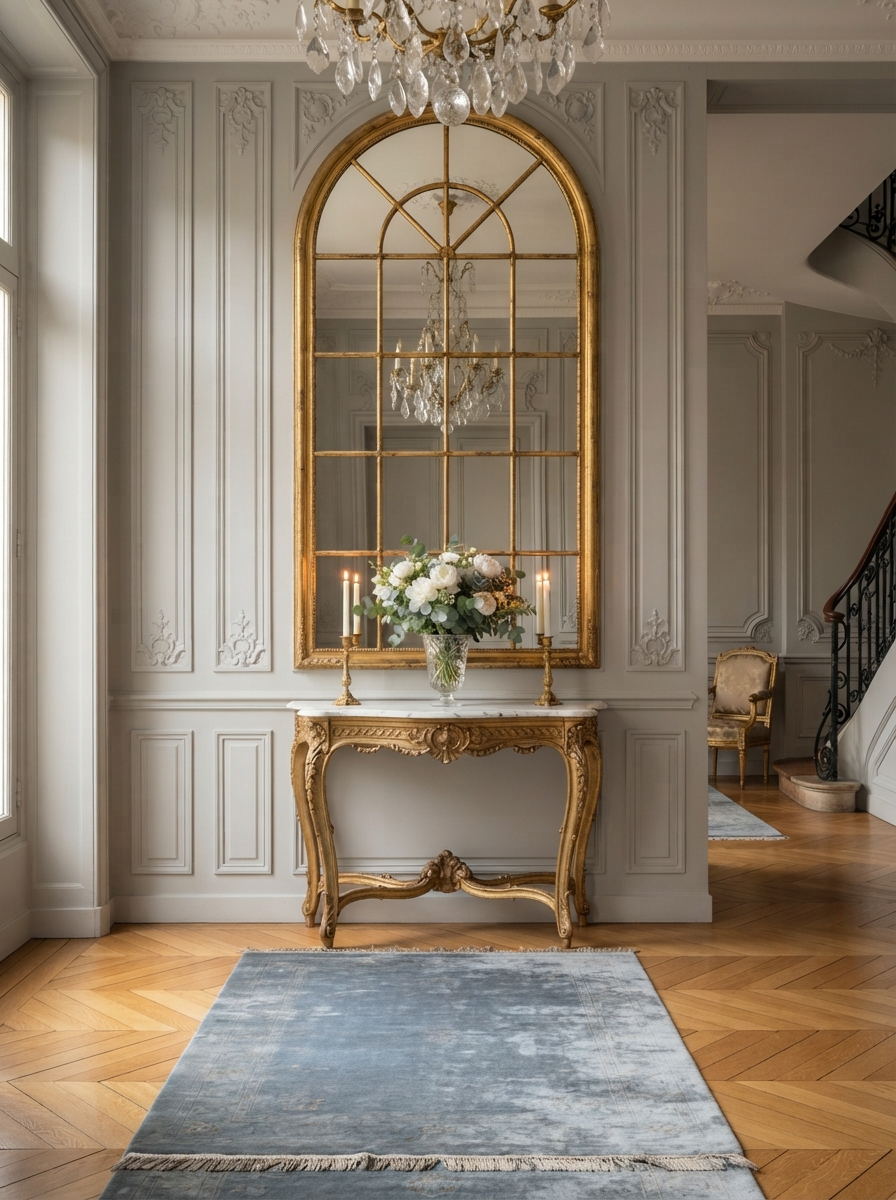 Gold window-pane style mirror above a console in a bright hallway