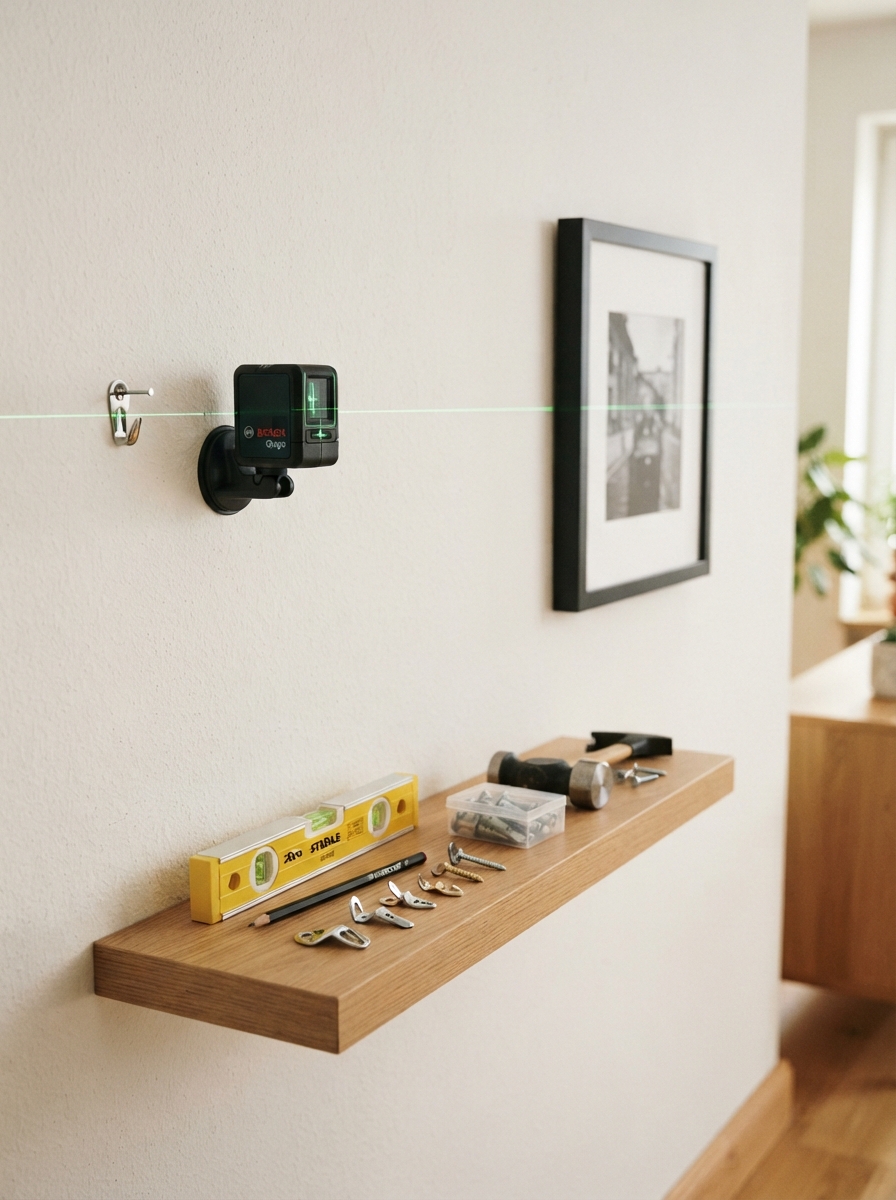 Picture hanging hardware and a laser level on a white wall