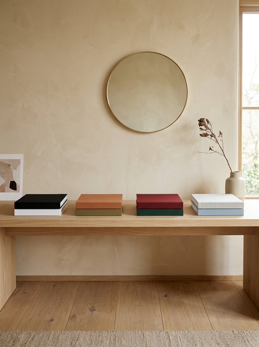 Four book stacks in different colour palettes lined up on a console table