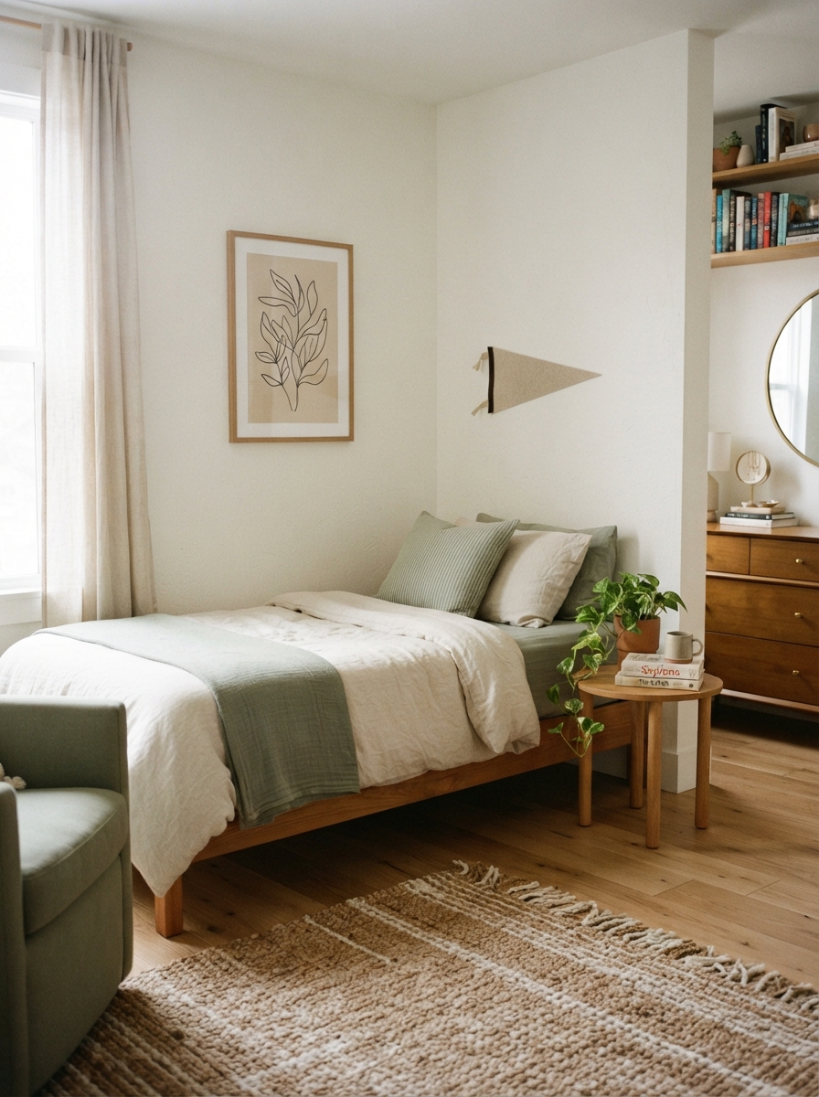 Tween bedroom in a neutral oatmeal and sage palette
