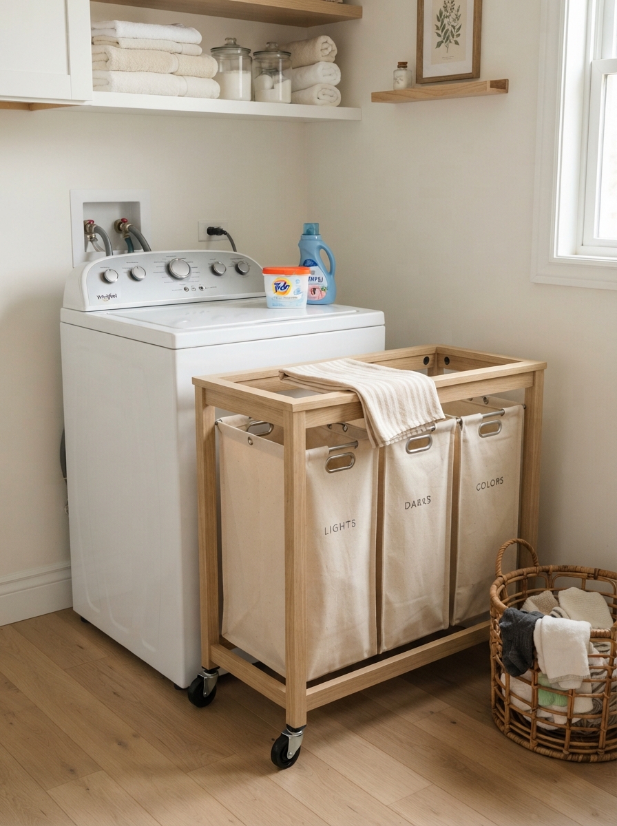 Rolling three-section laundry sorter beside a top load washer