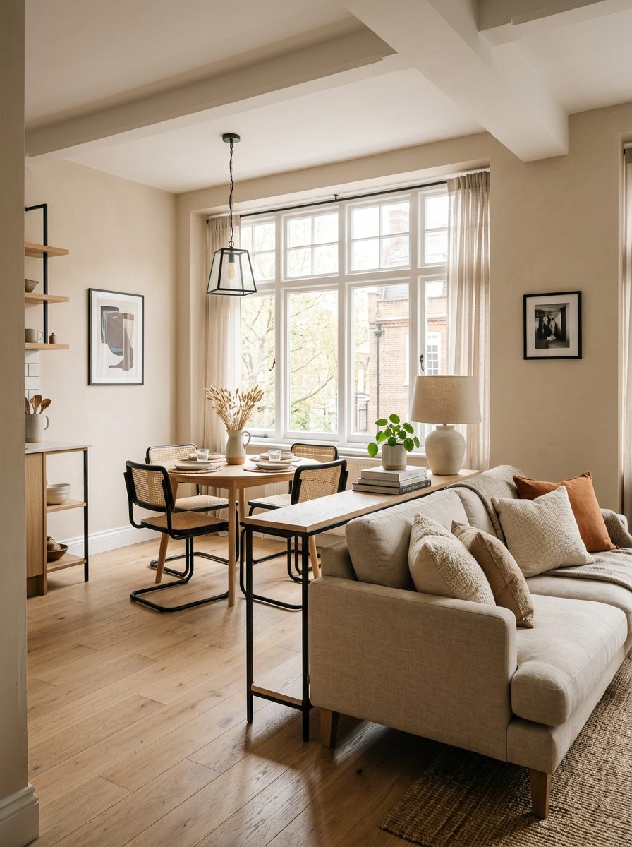 Open plan room with a dining table at one end and a sofa at the other