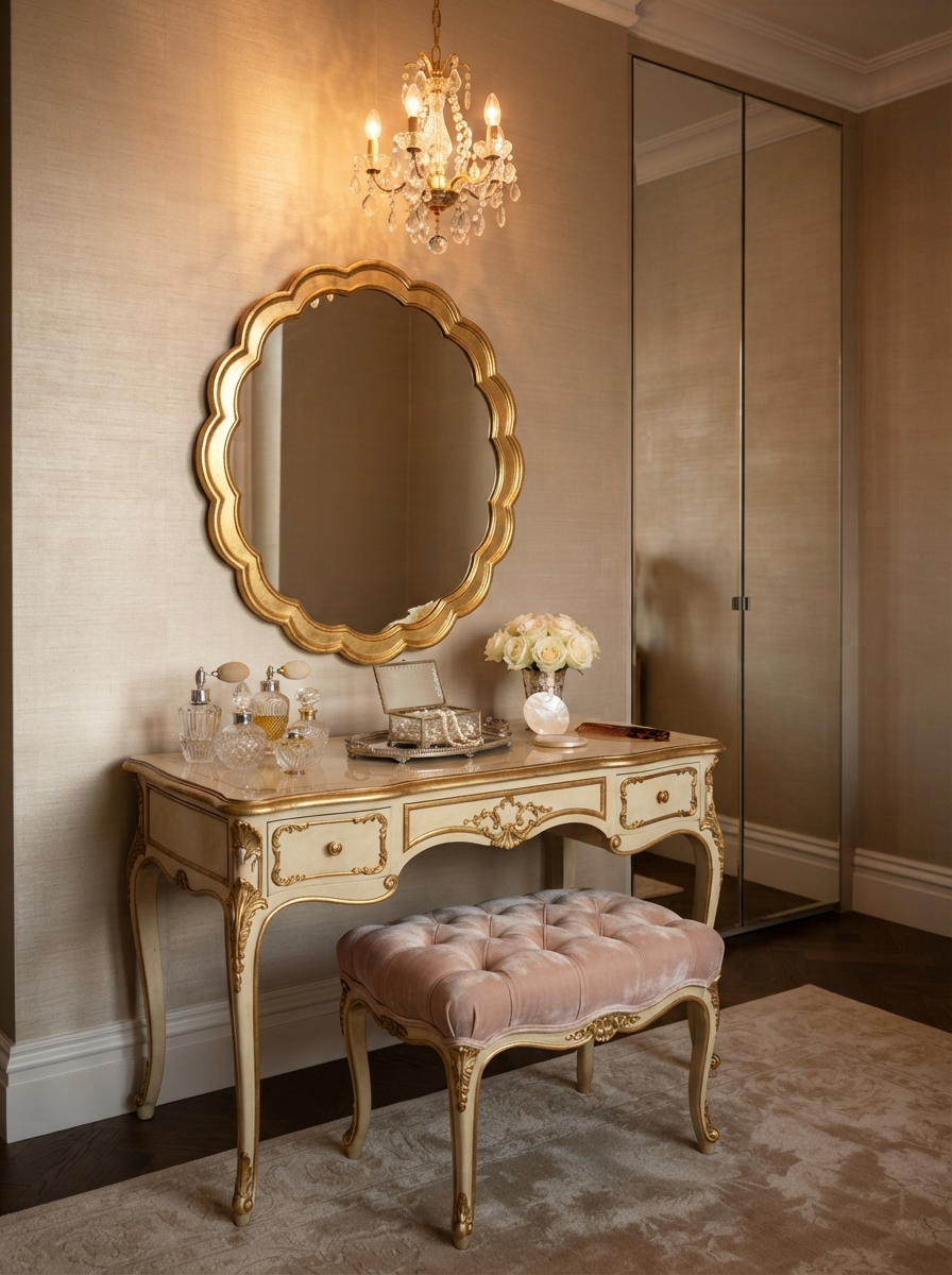 Scalloped gold mirror above a wooden console with a vase of greenery