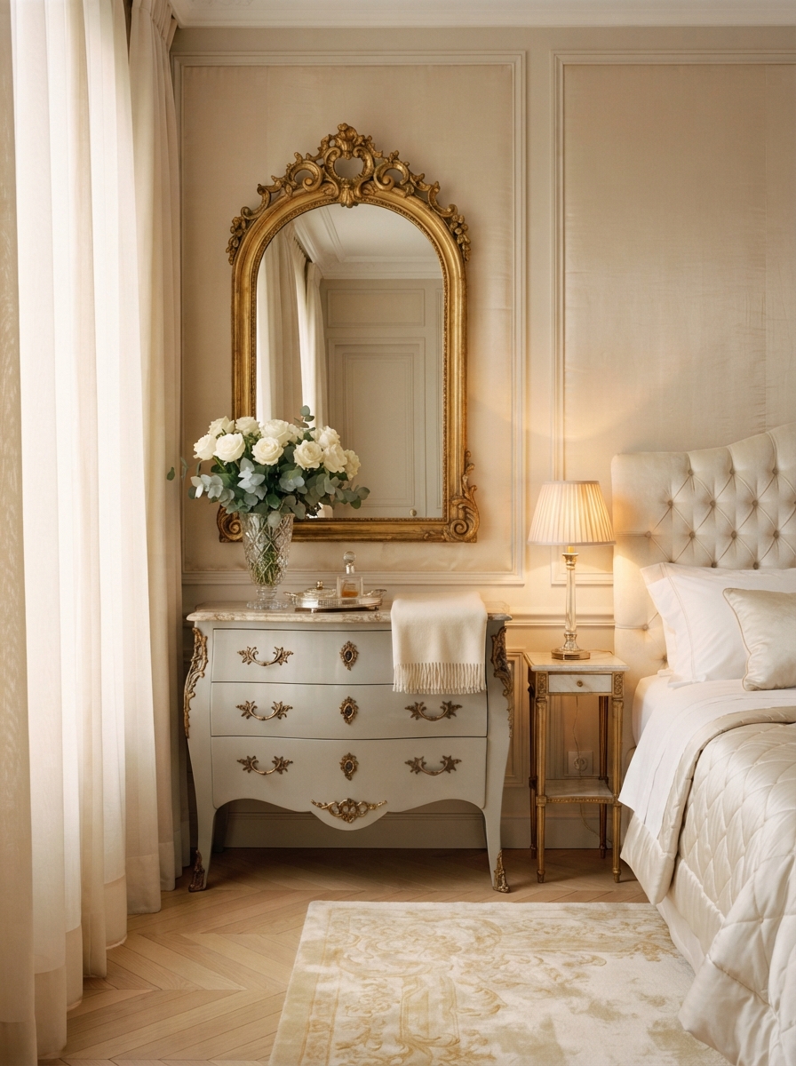 Full-length mirror leaning against a bedroom wall beside a wooden dresser