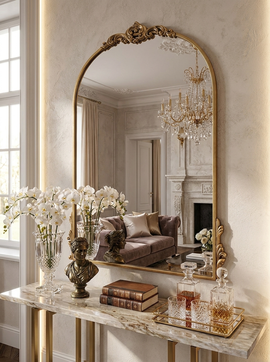 Tall arched gold mirror above a marble console with candles and flowers