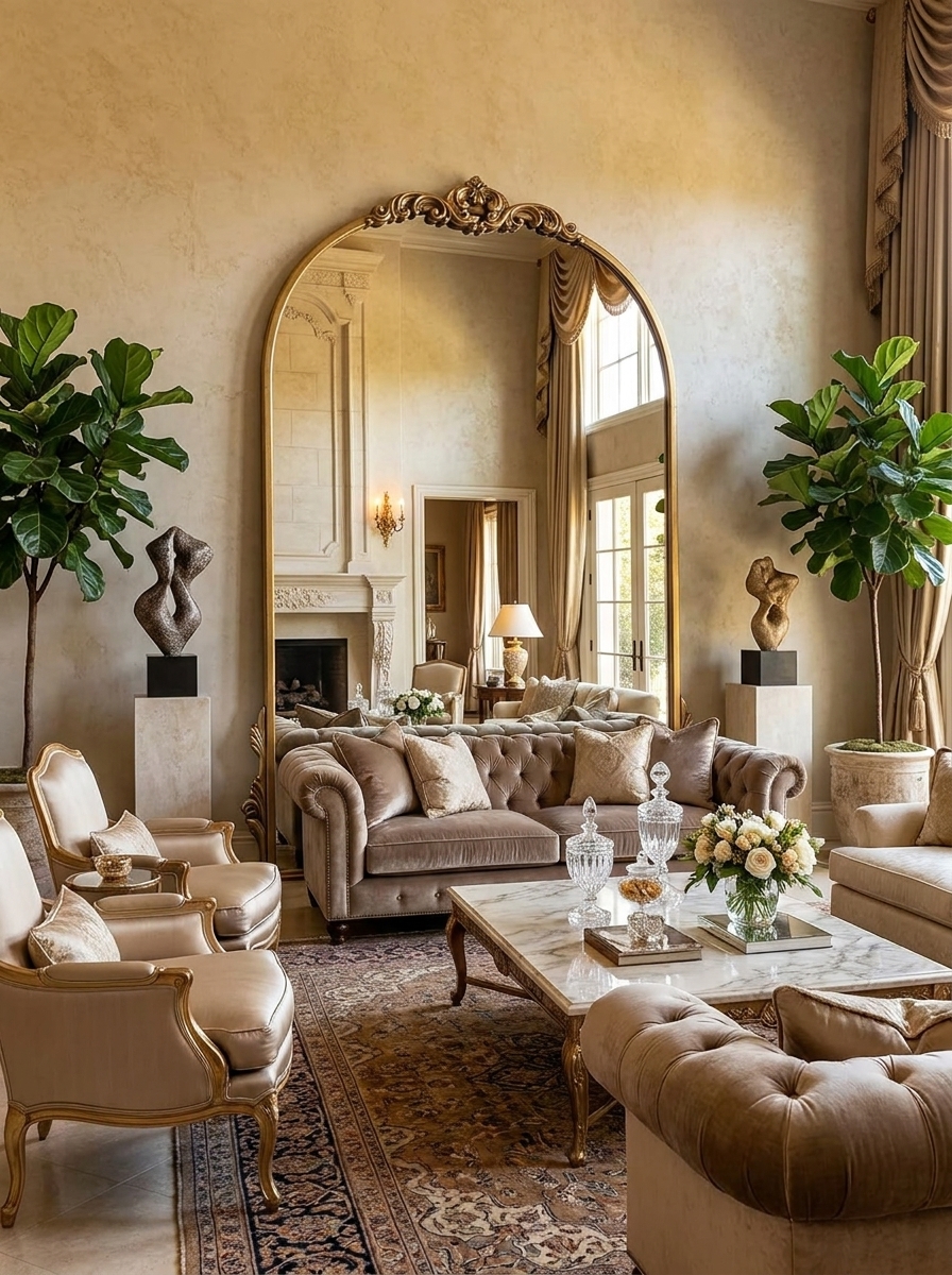 Ornate carved gold baroque mirror in a formal living room