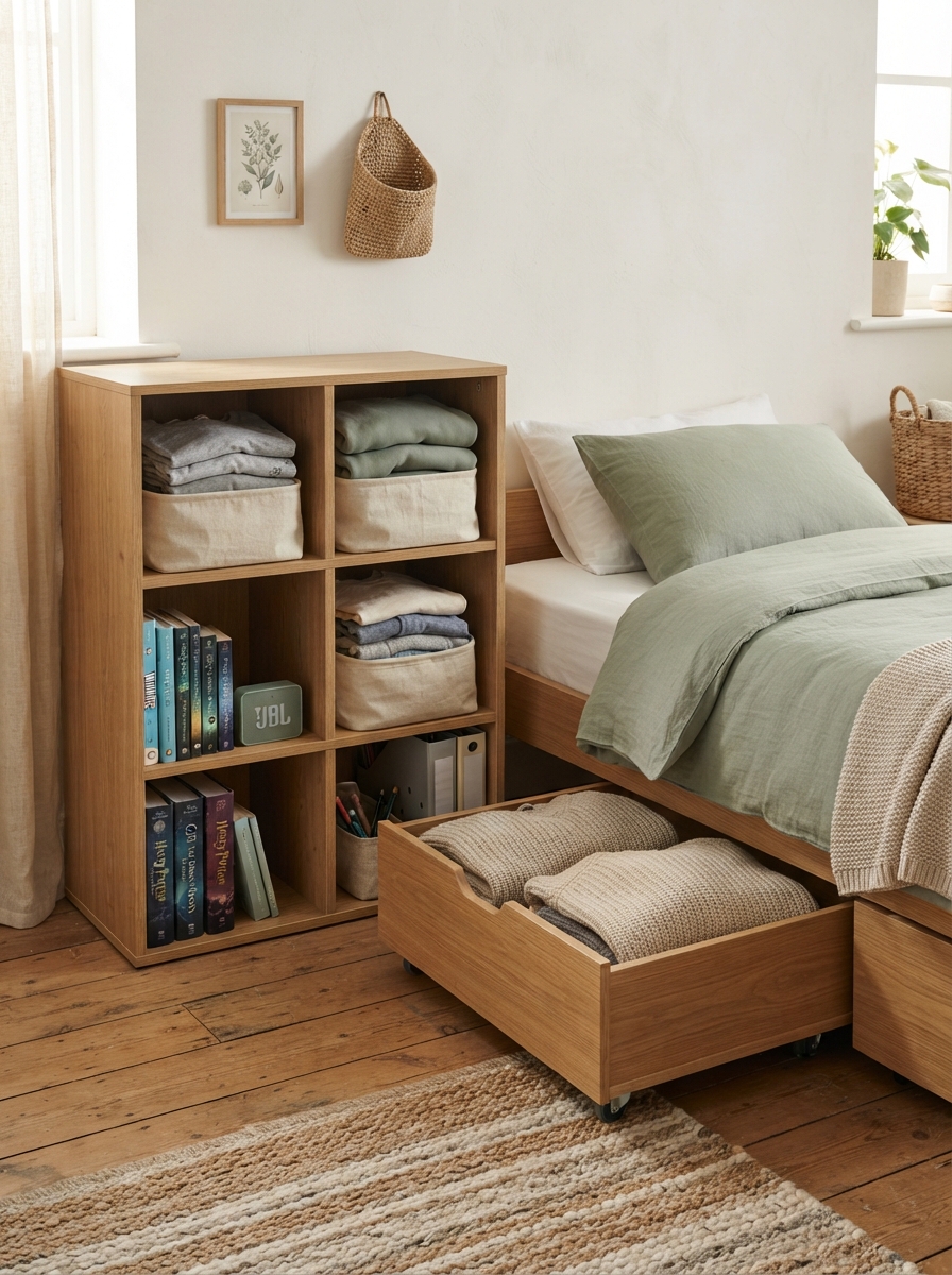 Six-cube shelf with baskets and an under-bed storage bin