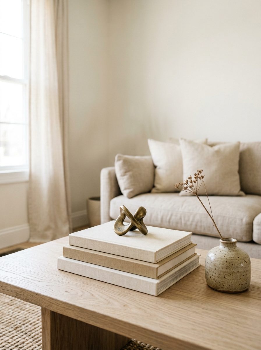 Oversized hardcover books stacked on a dark walnut coffee table