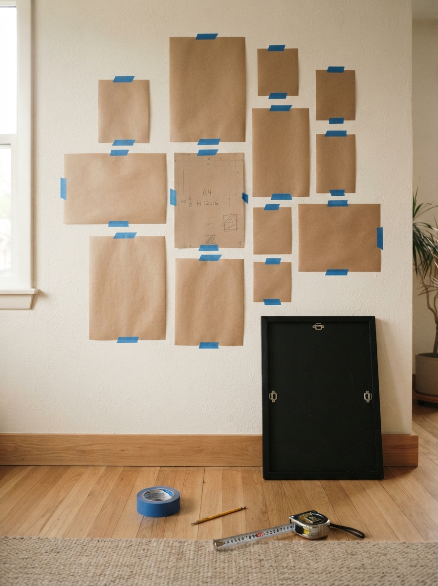 Kraft paper templates taped to a wall with blue painters tape