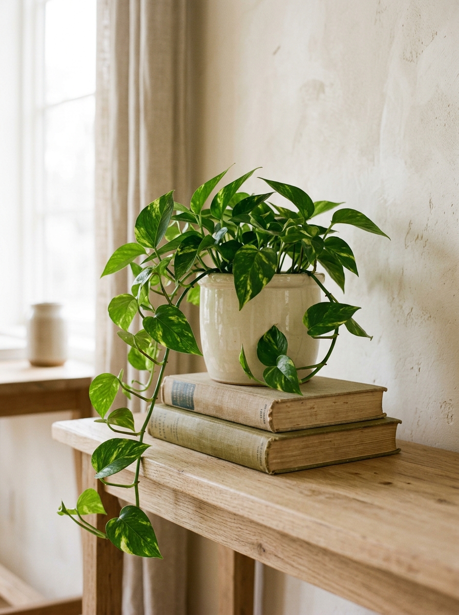 Small trailing plant raised on a stack of books