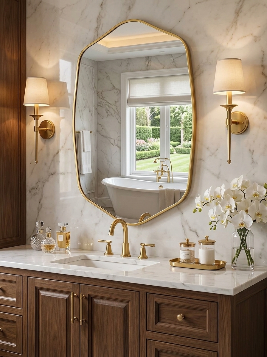 Pointed arch gold mirror above a marble bathroom vanity with brass sconces