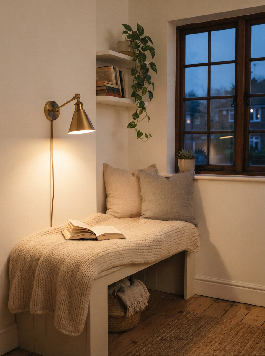 Brass wall sconce lighting a window reading nook at dusk