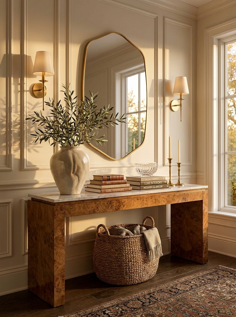 Gold mirror above a walnut hallway console with olive branches in a stone vase