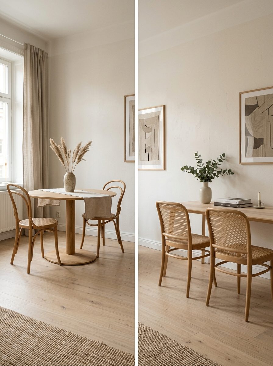 Round pedestal dining table compared with a narrow rectangular table