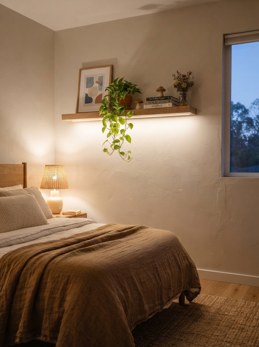 Warm LED strip lighting a floating shelf at dusk