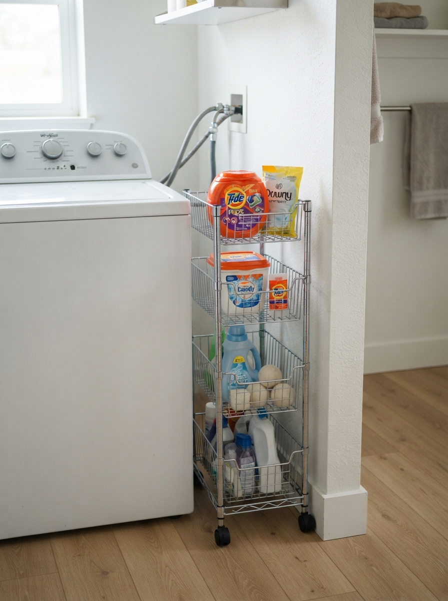 Slim rolling cart pulled out of the gap beside a top load washer