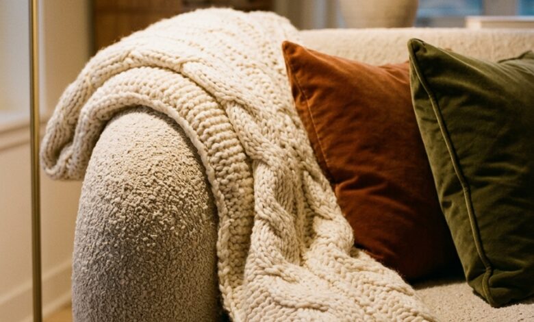 Chunky knit throw draped over the arm of a neutral sofa in an autumn living room