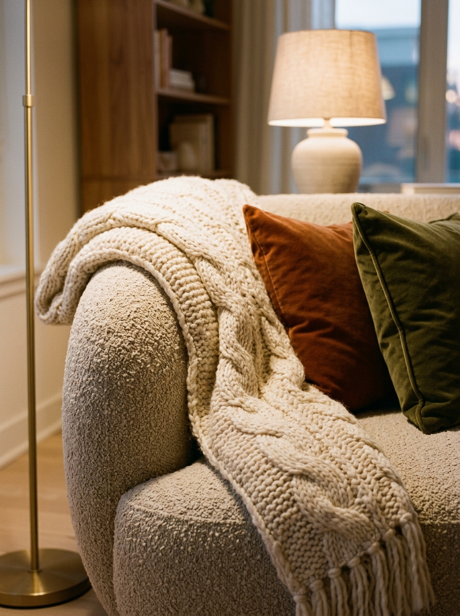 Chunky knit throw draped over the arm of a neutral sofa in an autumn living room