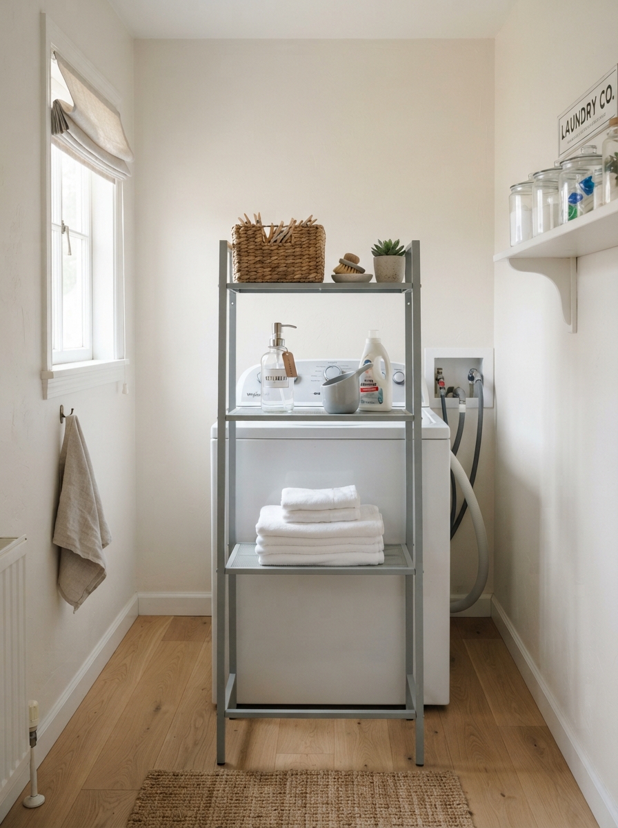 Three-tier shelf unit straddling a top load washing machine
