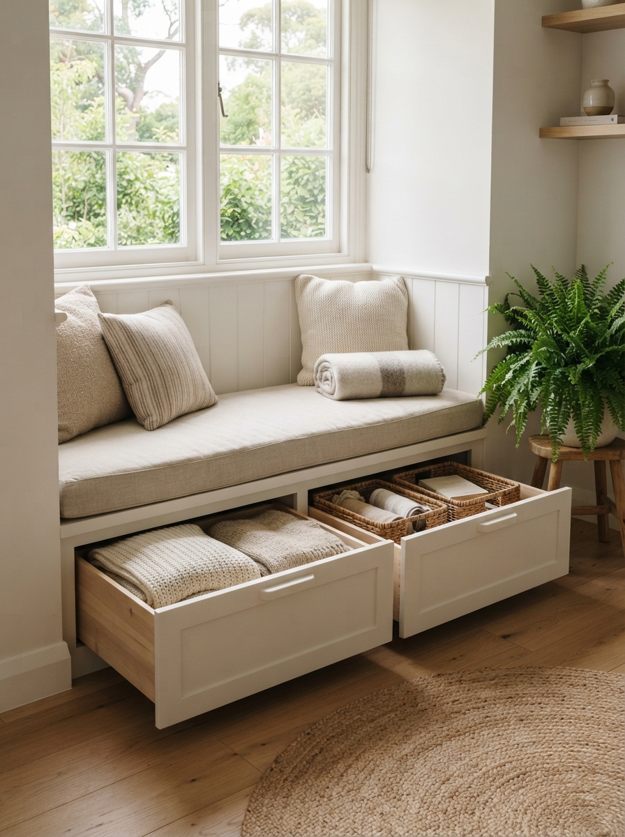 Built-in window seat with deep storage drawers pulled open