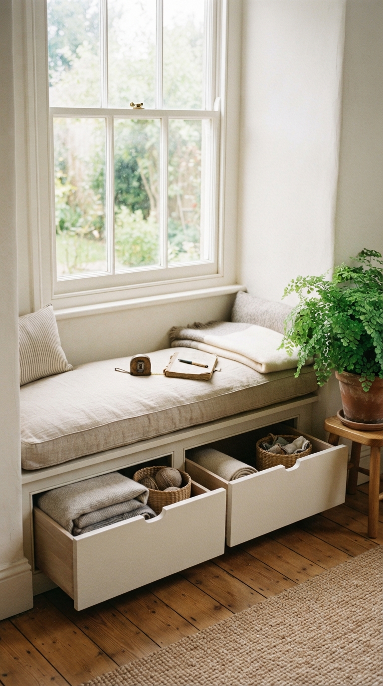 DIY window bench with storage drawers and a fitted linen cushion