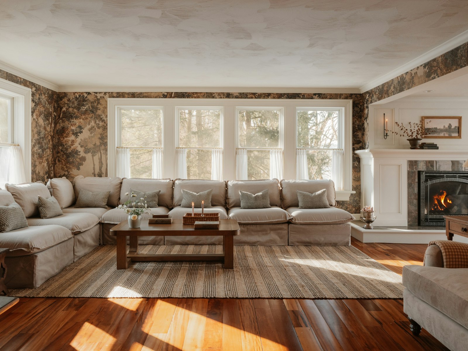 Cozy living room with sectional sofa and fireplace