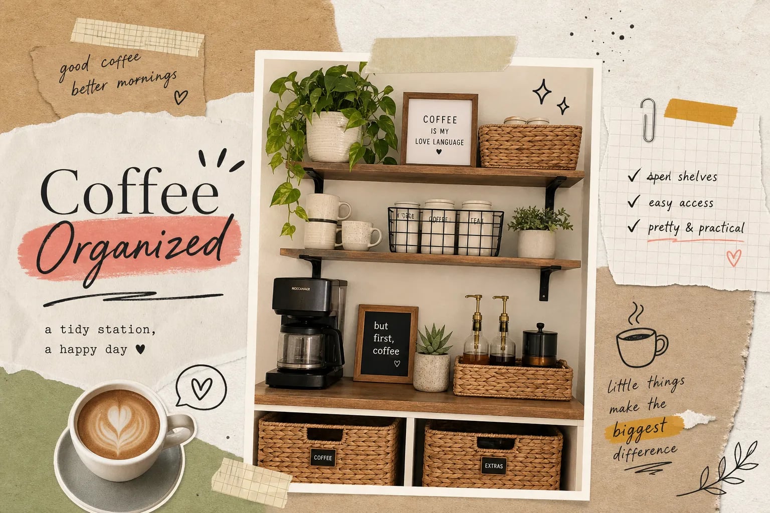 Coffee station organization with open shelving and baskets