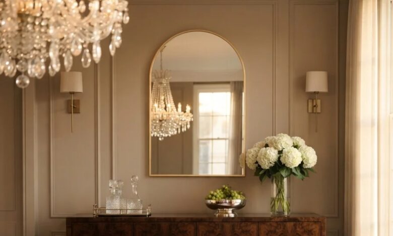 Gold arched mirror above a walnut sideboard in a formal dining room