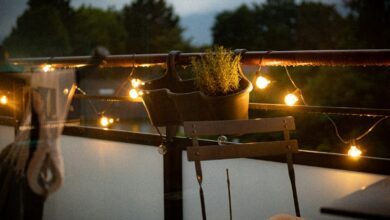 A balcony with a chair and a potted plant on it