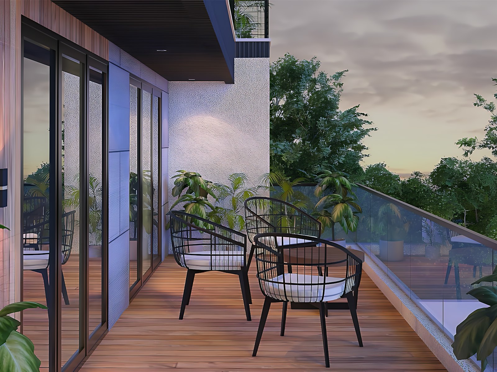 Modern balcony with chairs overlooking trees at dusk