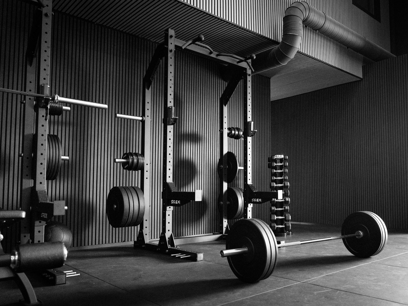 Empty gym with power rack, barbells, and weights
