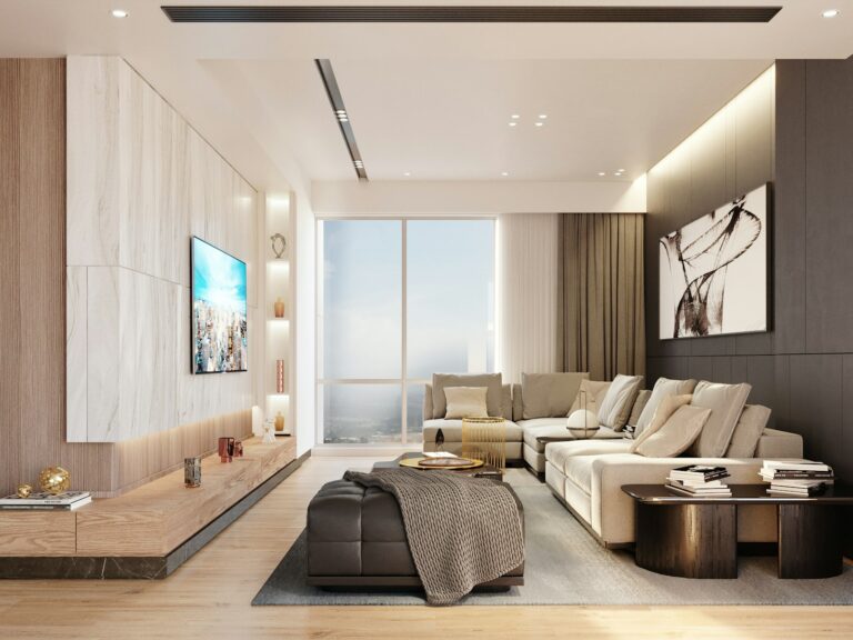 Modern living room with sectional sofa and large window
