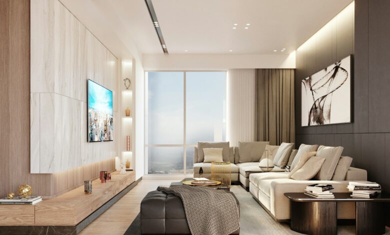 Modern living room with sectional sofa and large window