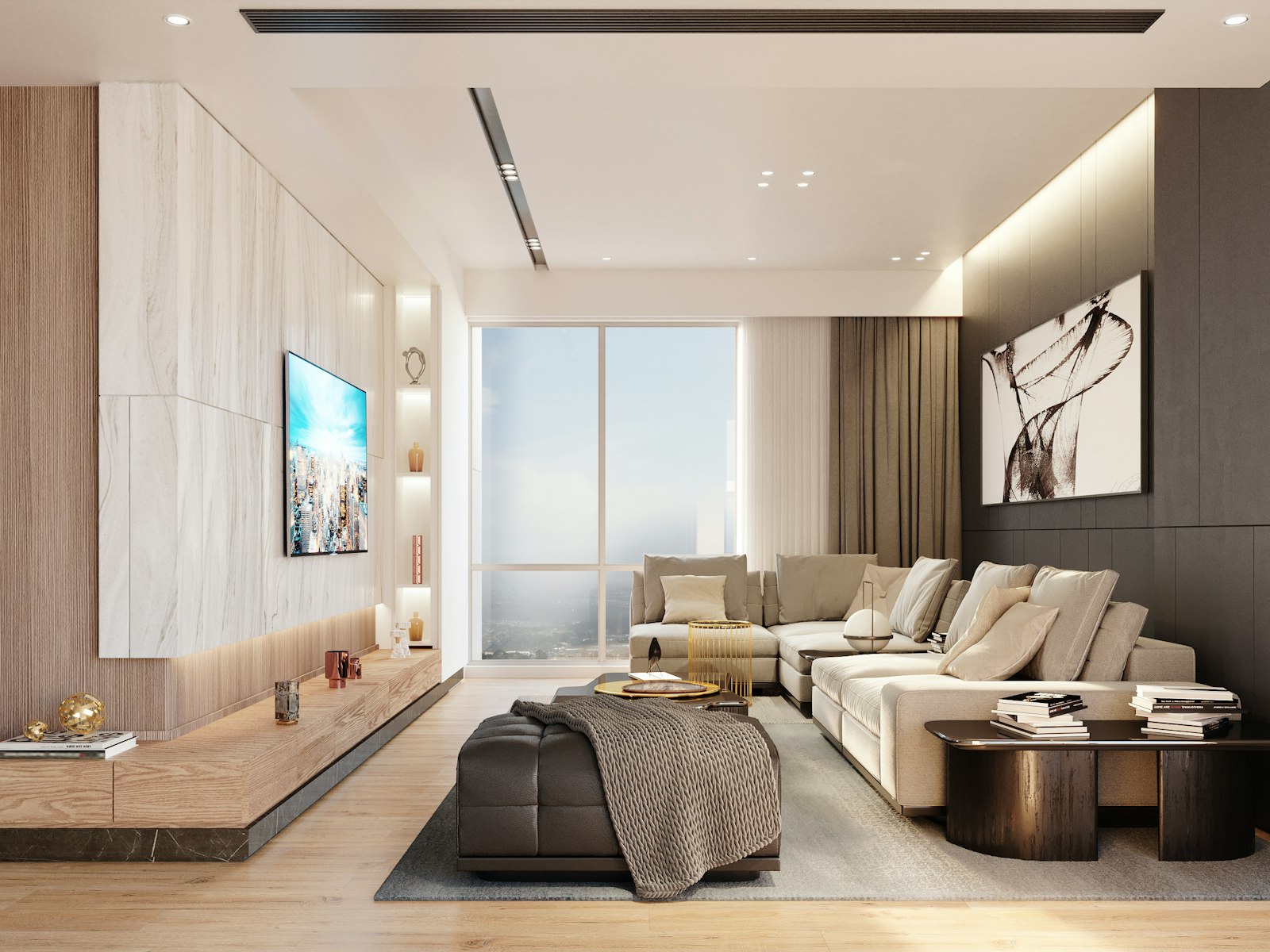 Modern living room with sectional sofa and large window