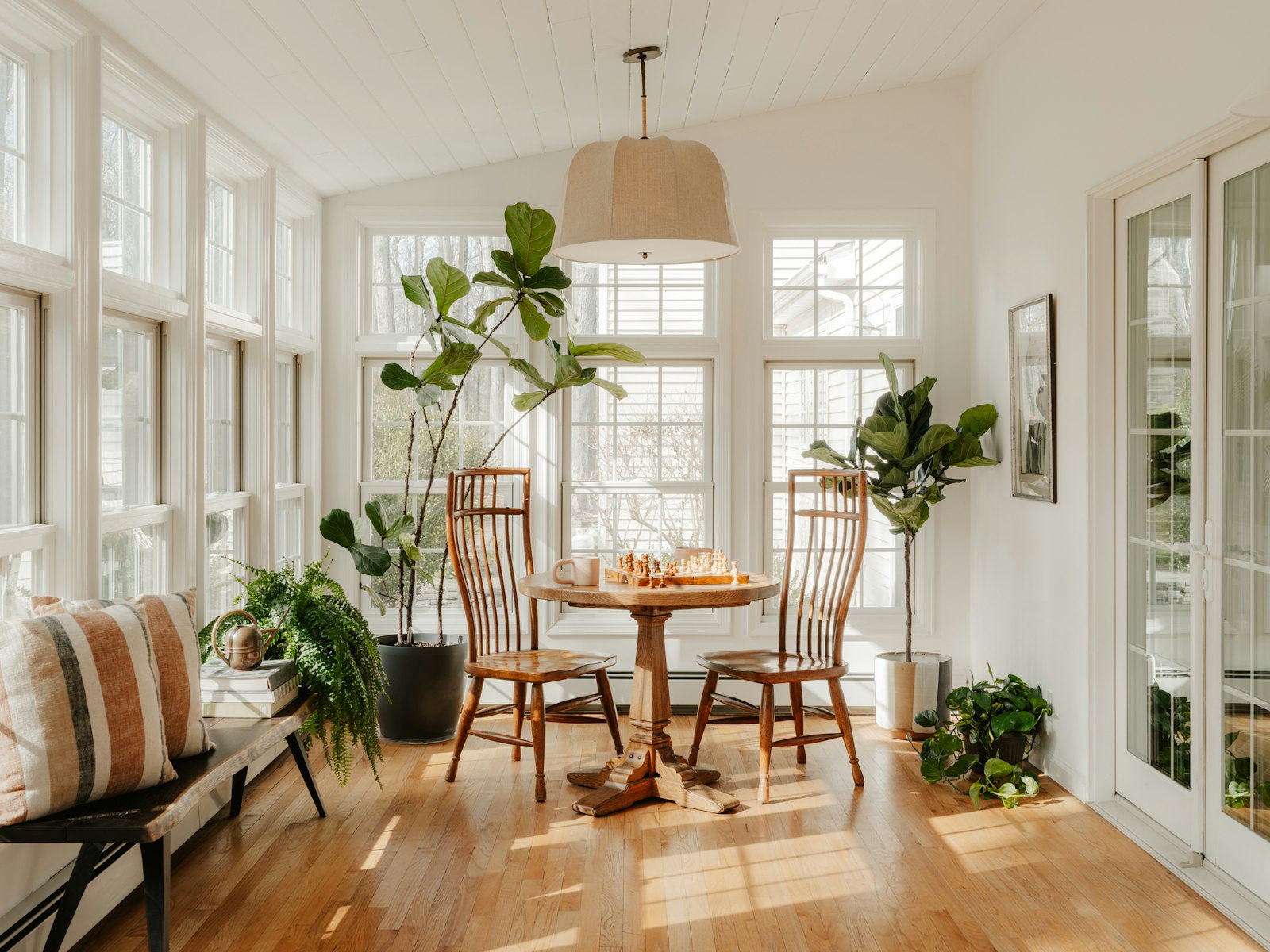 Bright sunroom with plants and dining table