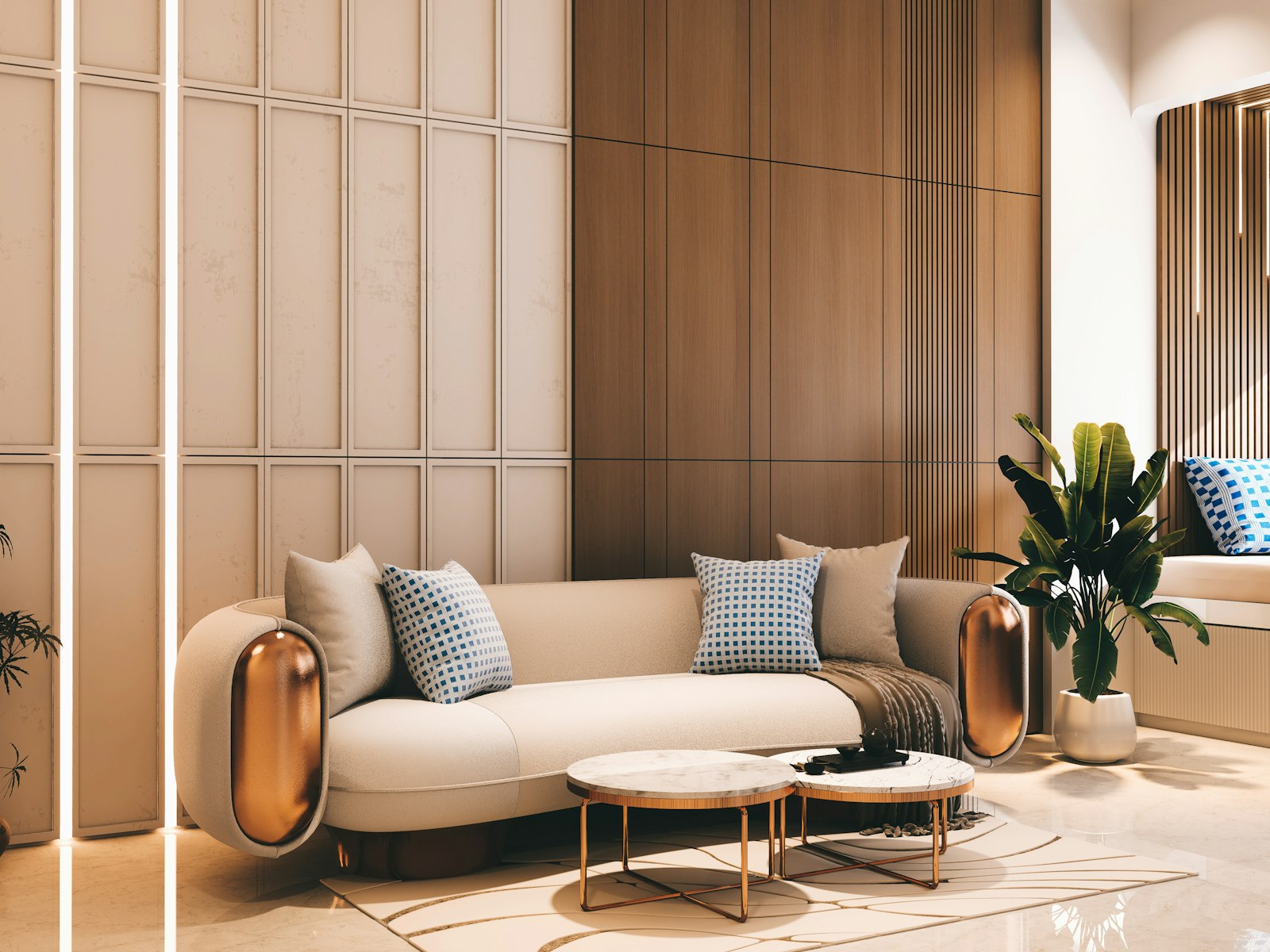 Modern living room with cream sofa and coffee tables