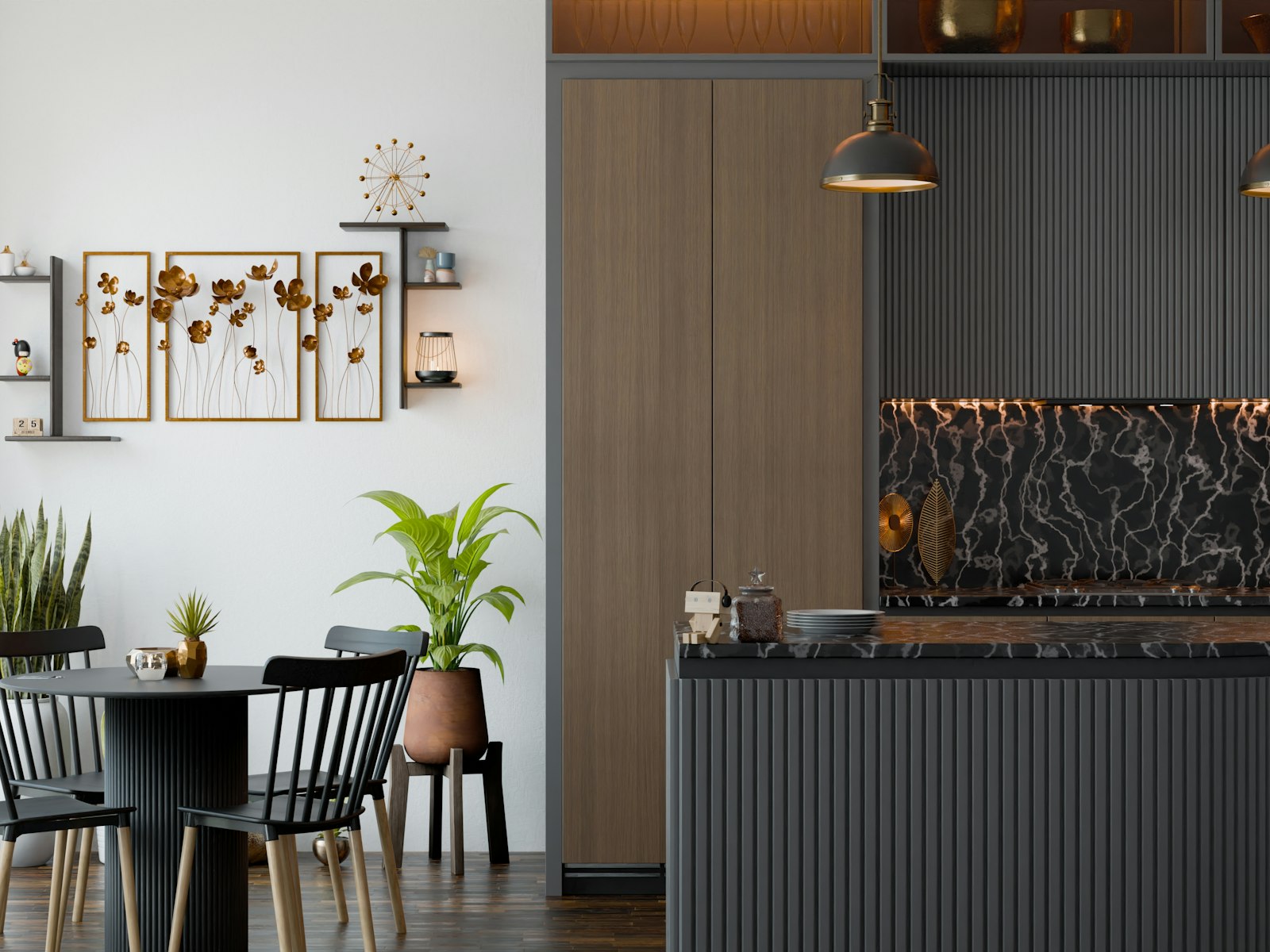 A kitchen and dining room with a table and chairs