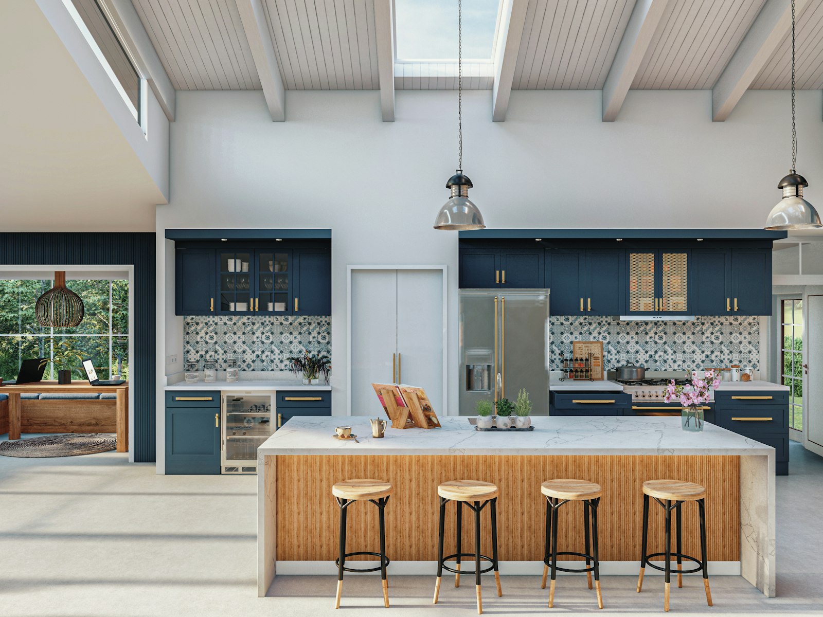 A large kitchen with a center island surrounded by stools