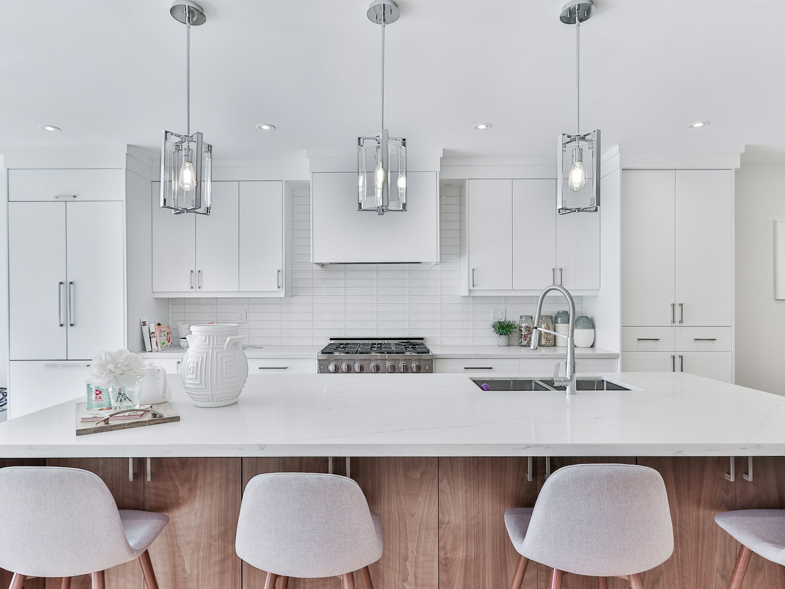 White and brown wooden kitchen cabinets